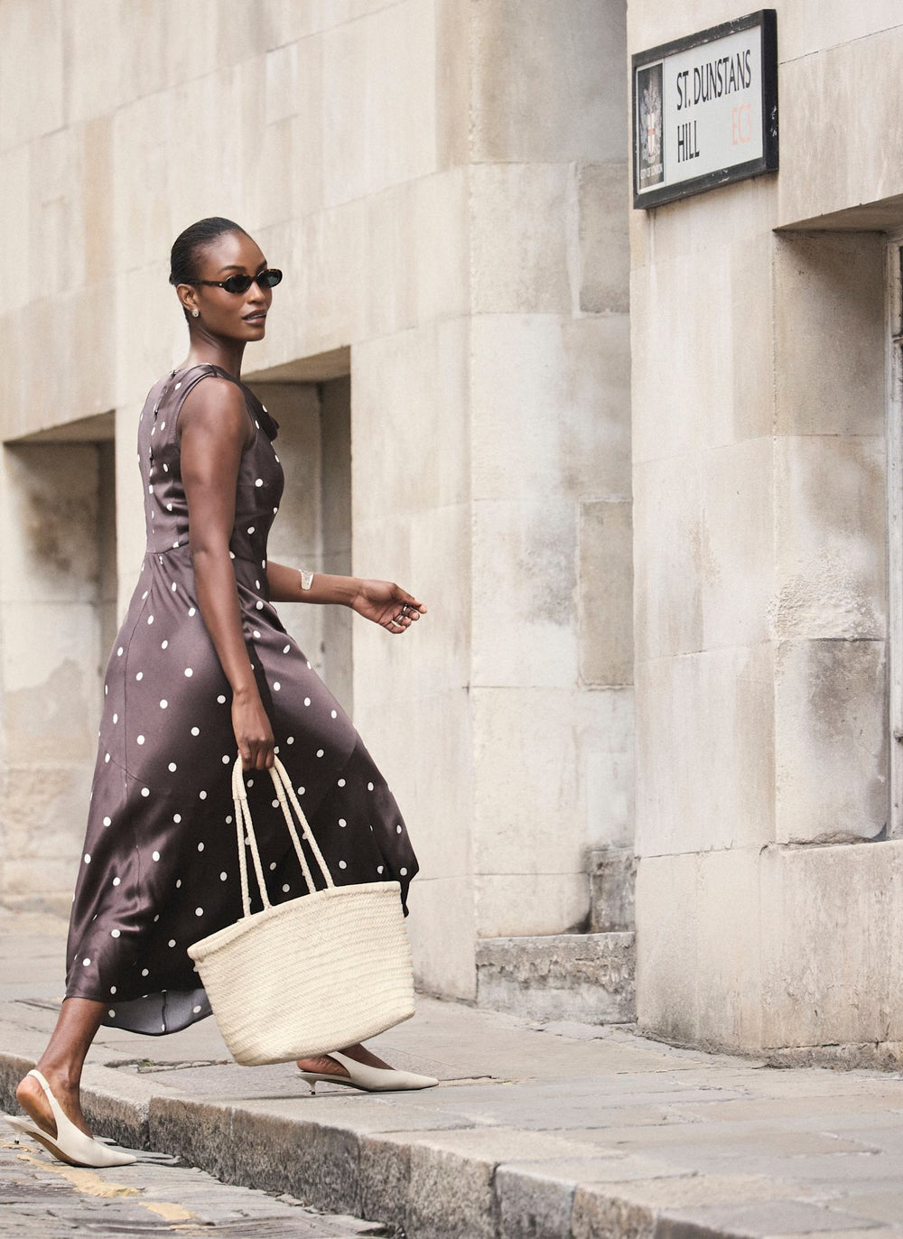 Brown Satin Polkadot Midi Dress