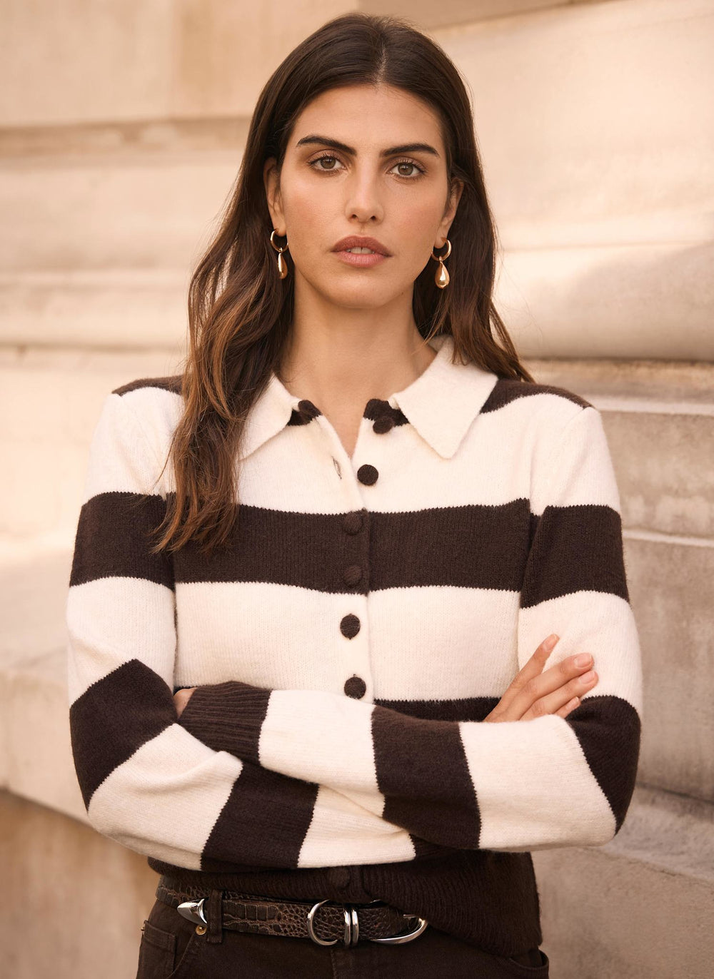 Brown Striped Knit Cardigan