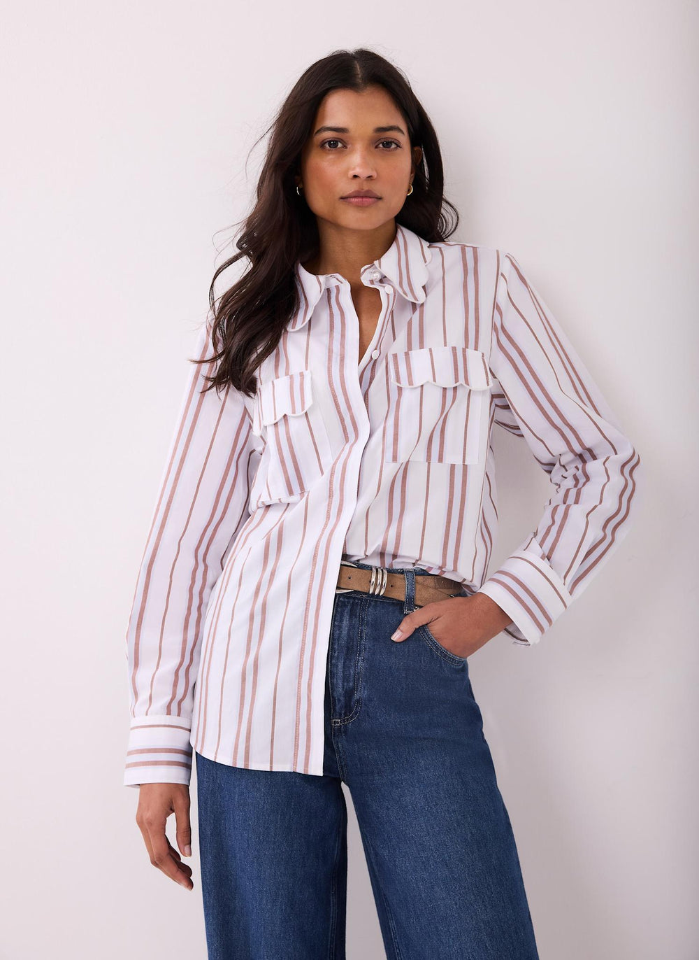 Brown Striped Cotton Scallop Detail Shirt