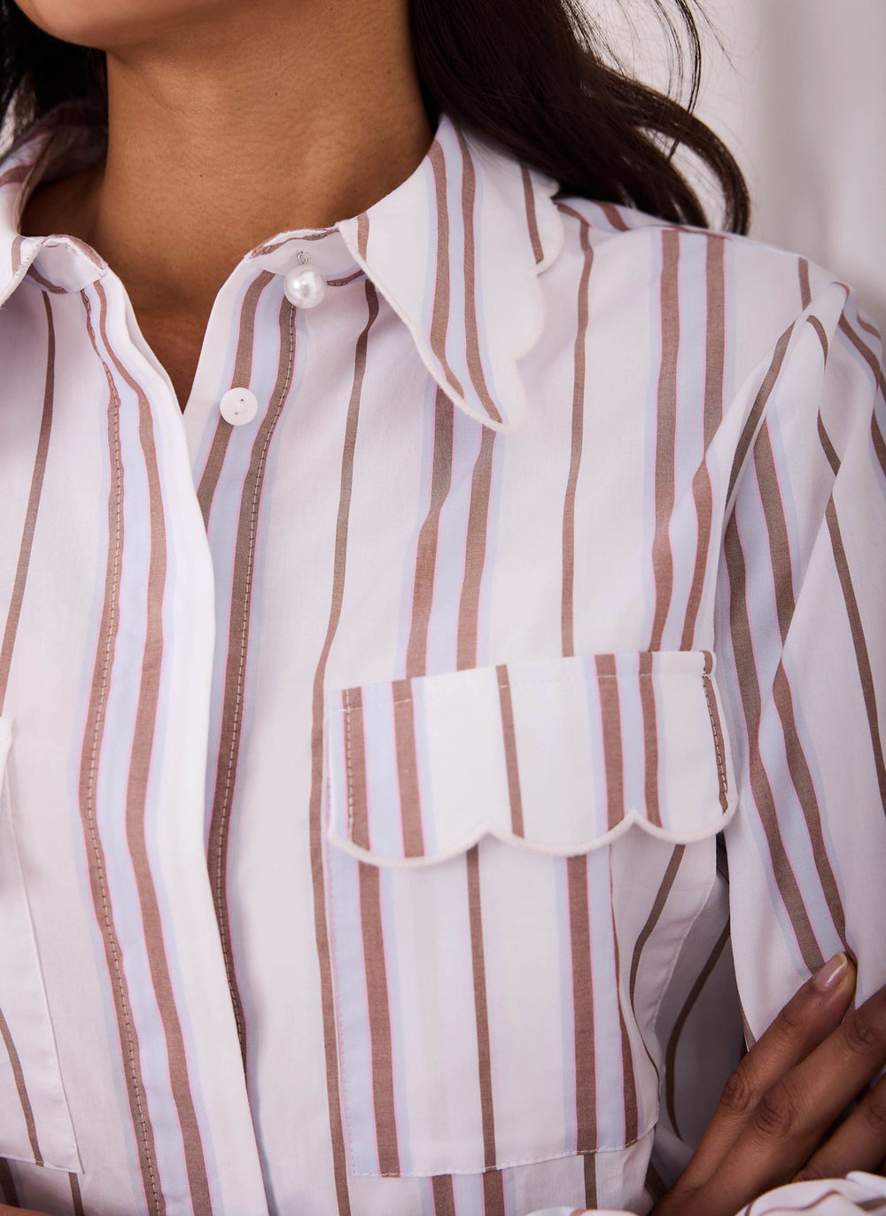 Brown Striped Cotton Scallop Detail Shirt