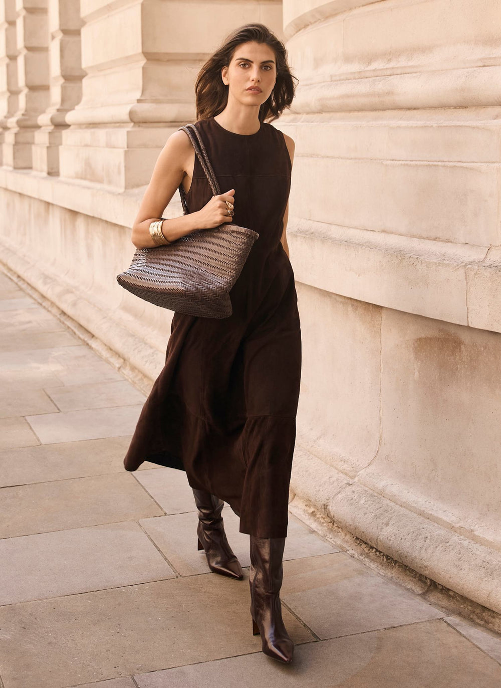 Brown Suede Sleeveless Midi Dress