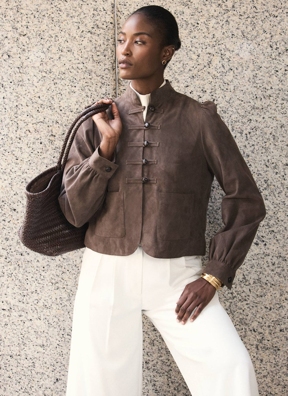 Brown Suede Stand Collar Jacket
