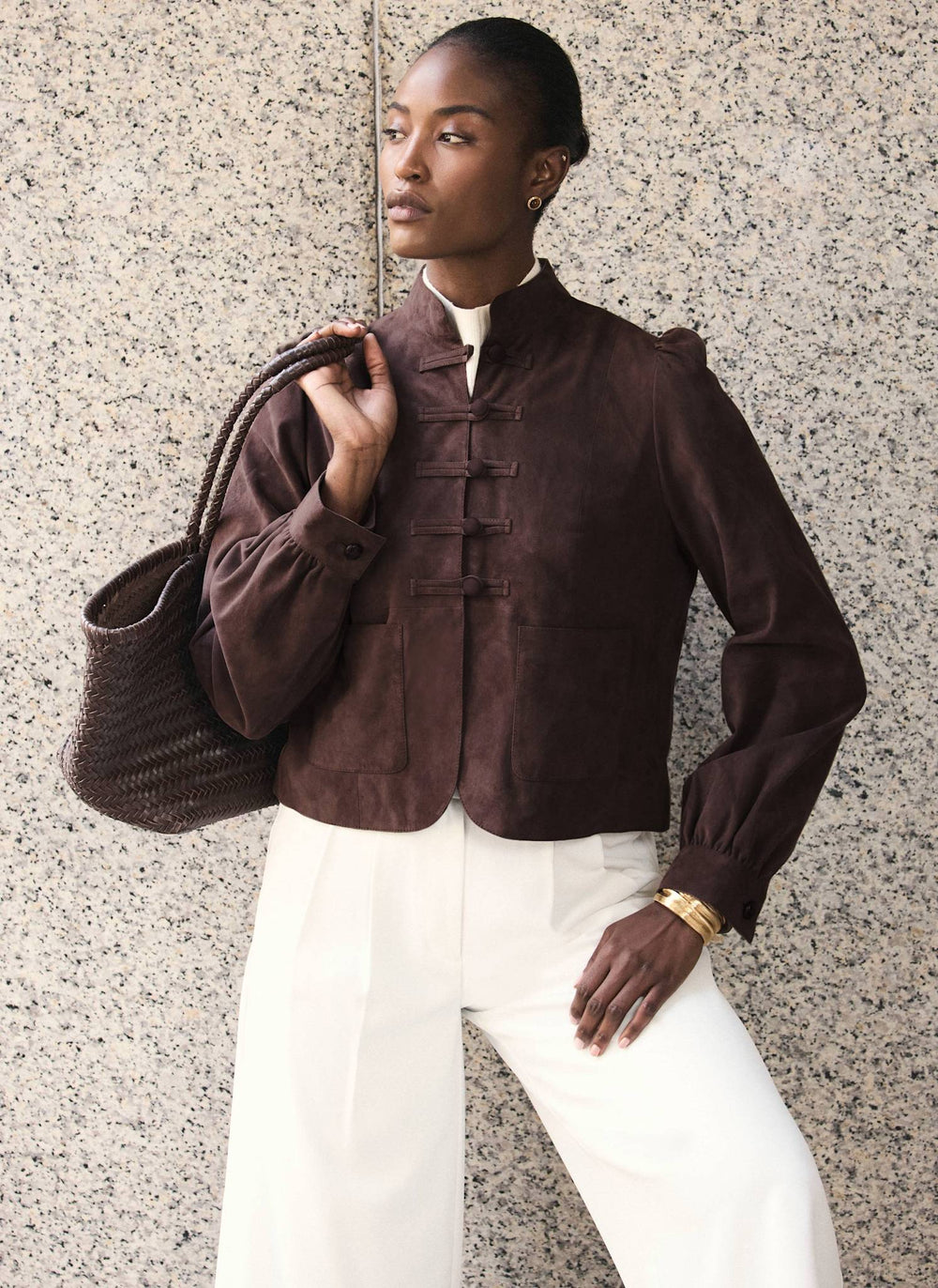 Brown Suede Stand Collar Jacket