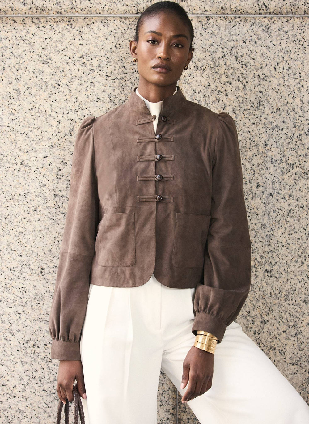 Brown Suede Stand Collar Jacket