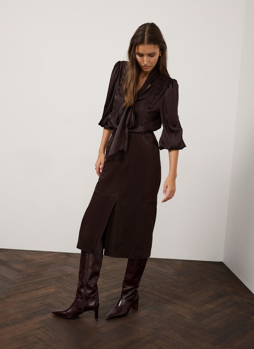 Brown Suede Pencil Midi Skirt