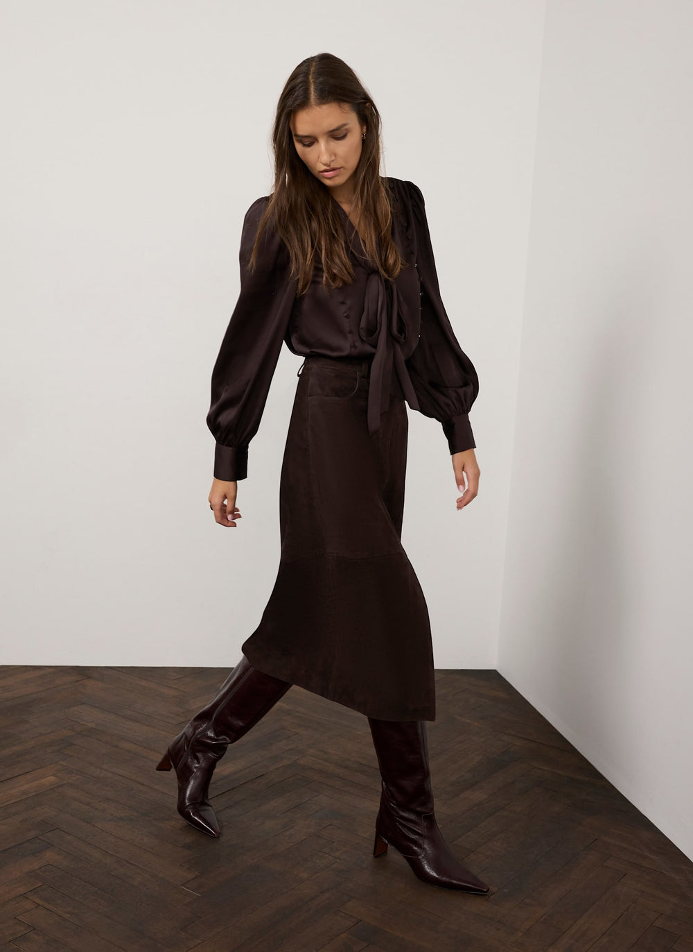 Brown Suede Pencil Midi Skirt