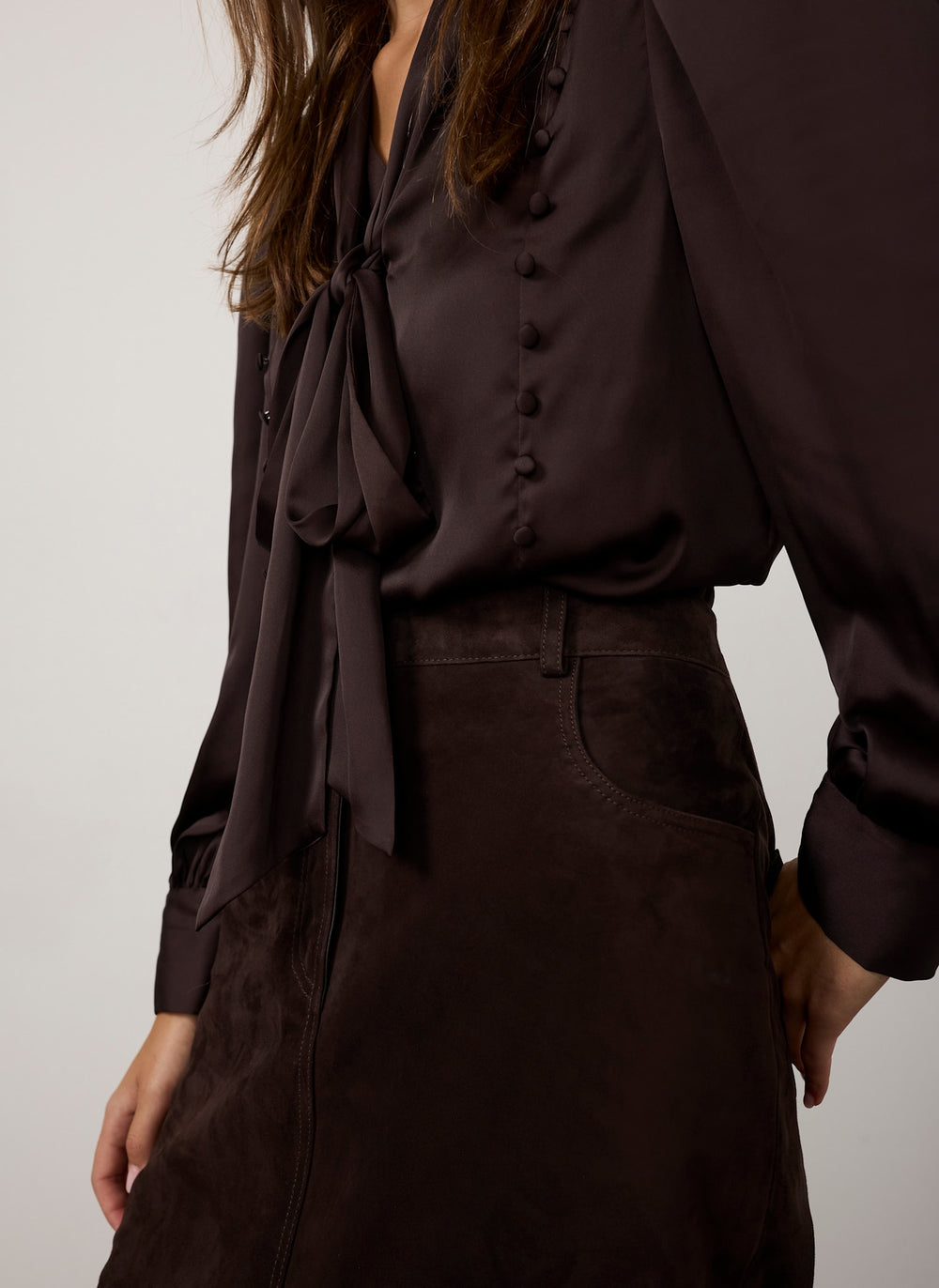 Brown Suede Pencil Midi Skirt