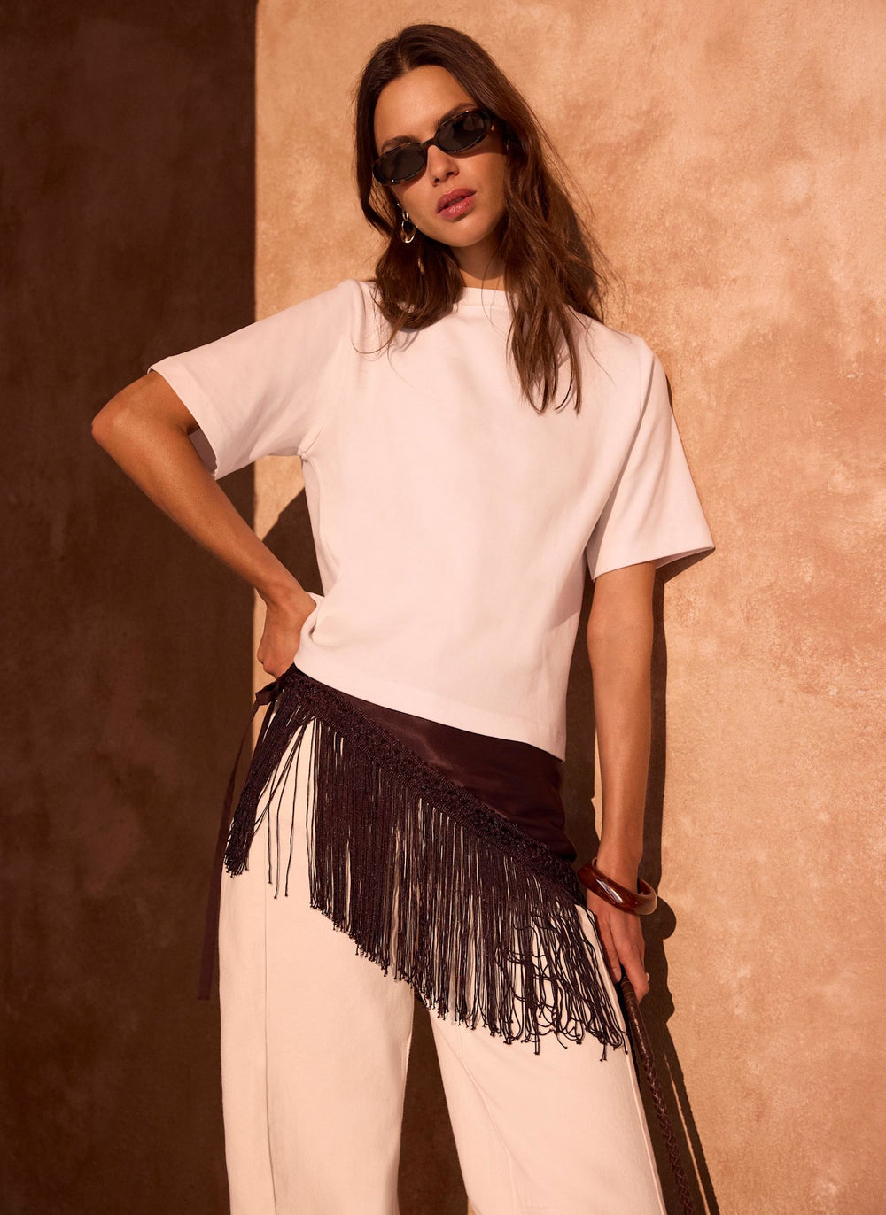 Brown Satin Fringe Waist Scarf