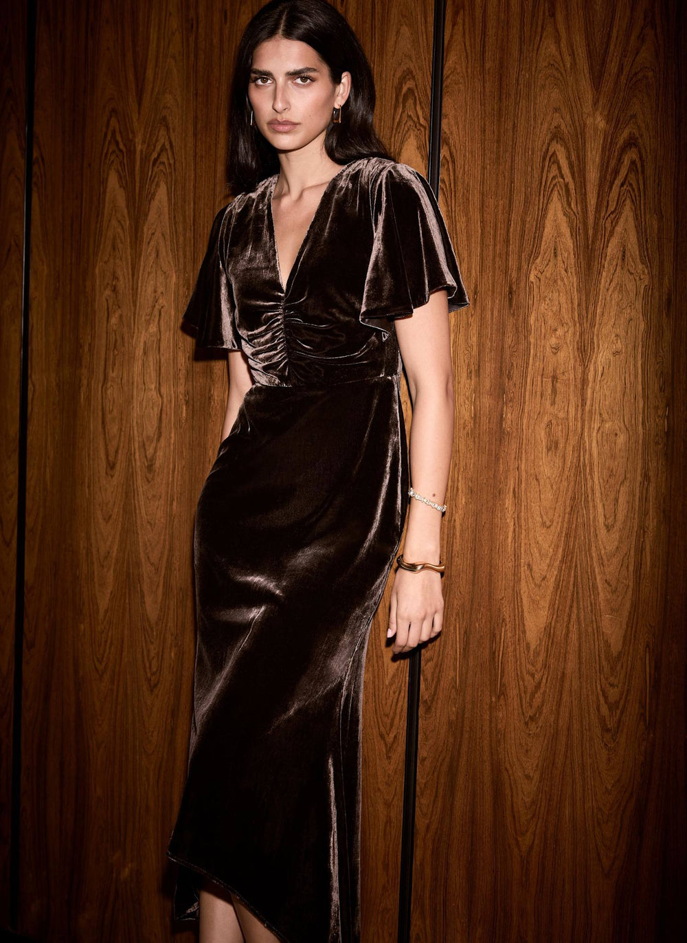 Brown Velvet Curved Hem Midi Dress