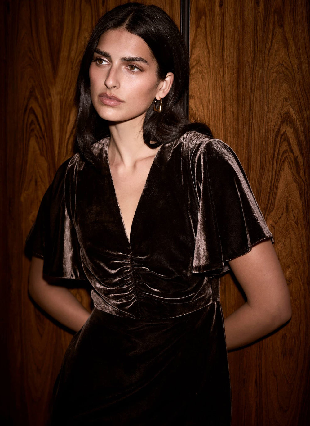 Brown Velvet Curved Hem Midi Dress