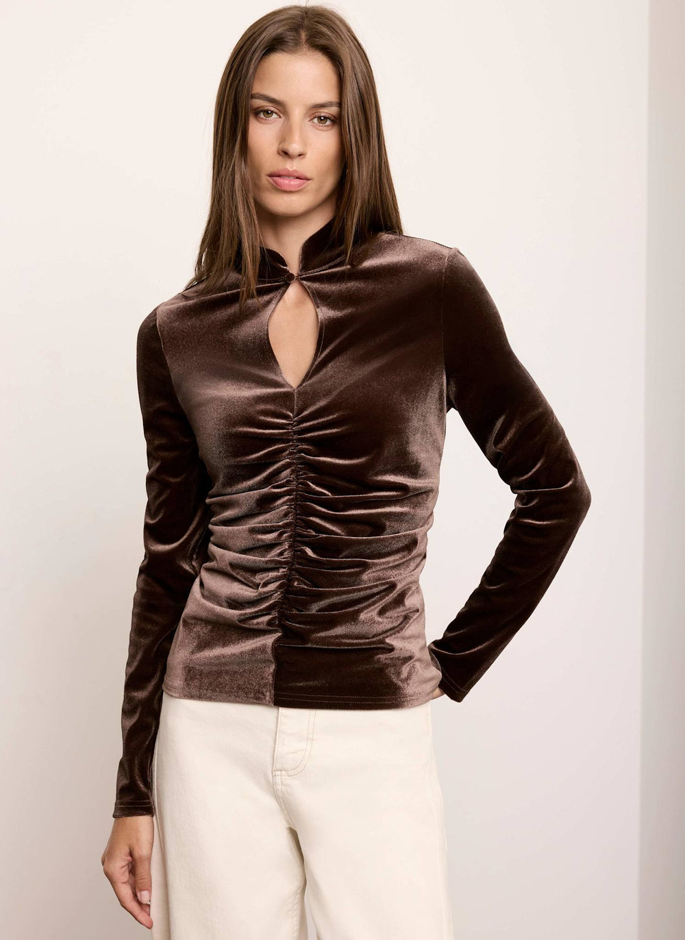 Brown Velvet Ruched Keyhole Detail Top
