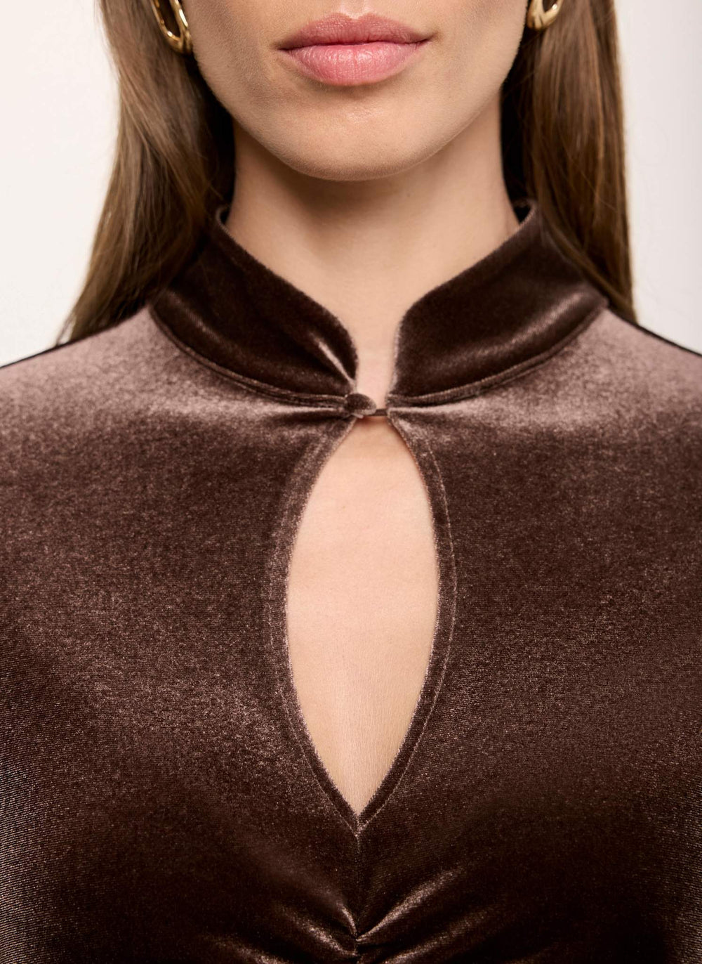 Brown Velvet Ruched Keyhole Detail Top