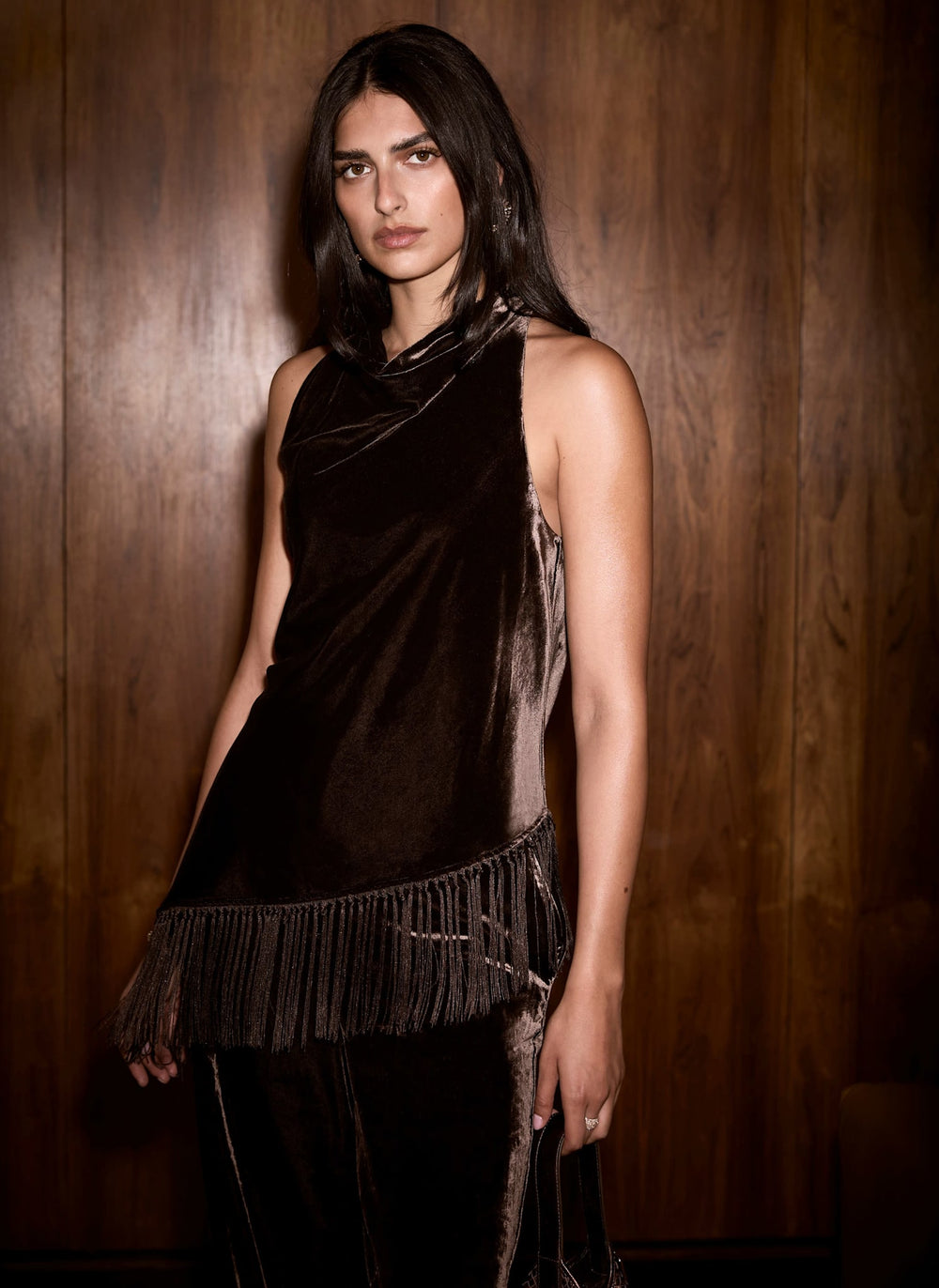 Brown Velvet Asymmetric Fringed Top