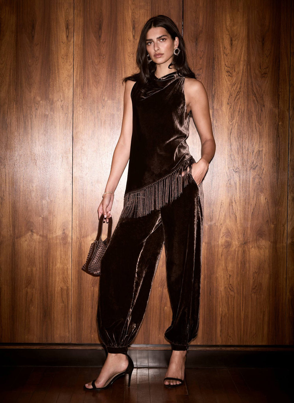 Brown Velvet Asymmetric Fringed Top