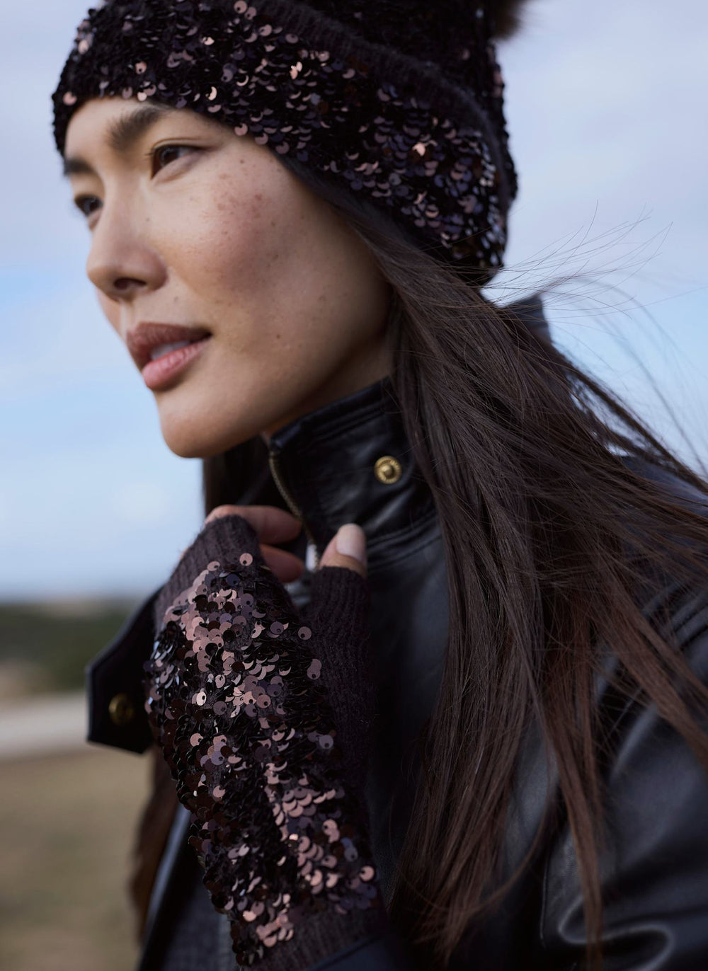 Brown Sequin Wool Blend Hand Warmers
