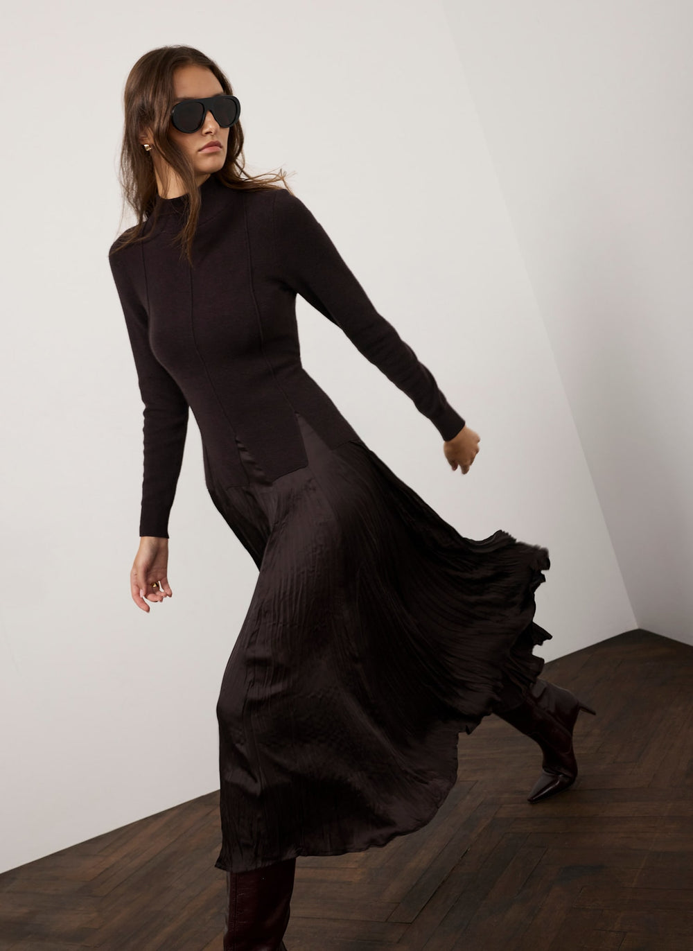 Brown Layered Drop Waist Knit Crinkle Midi Dress