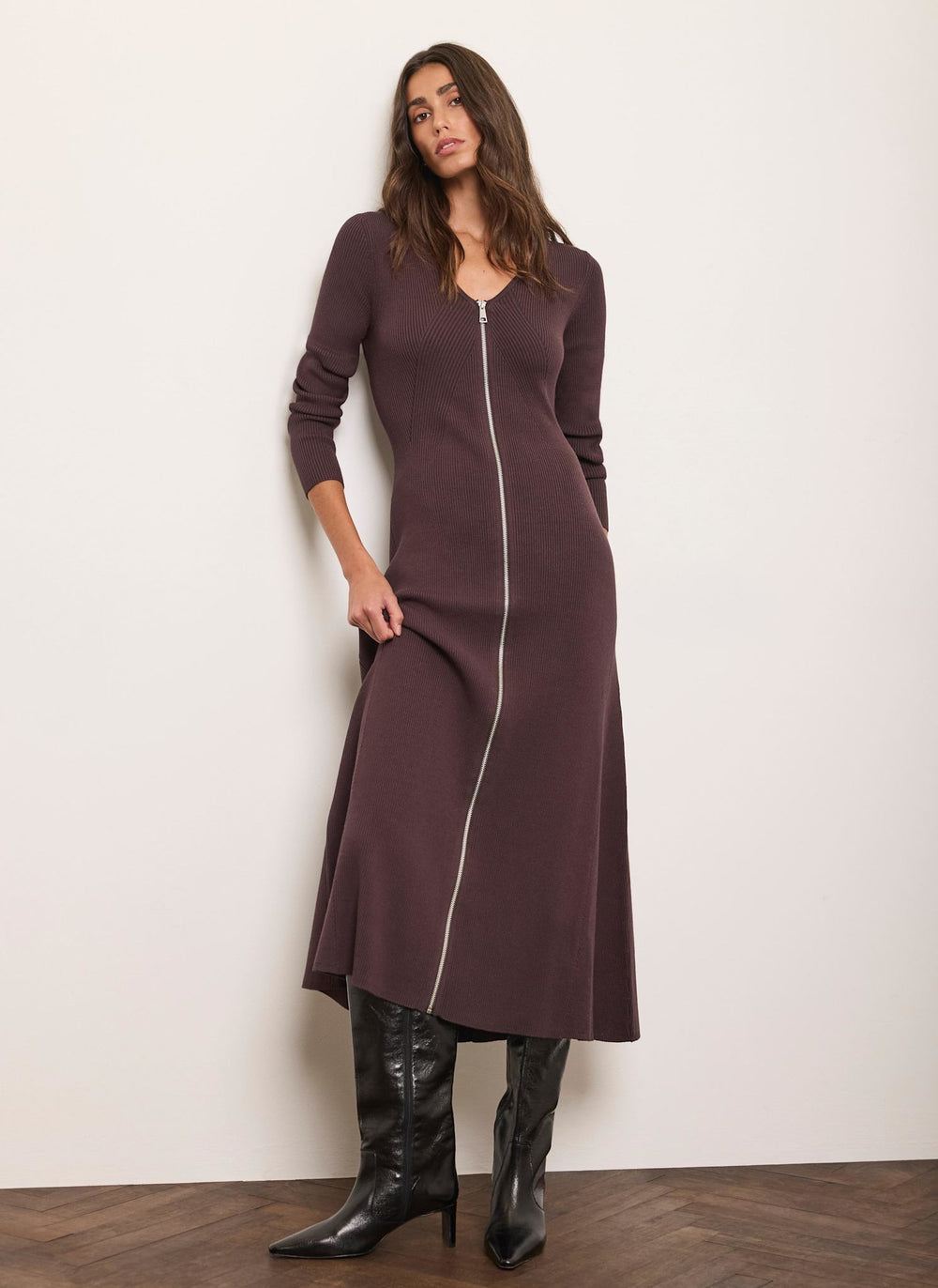 Brown Ribbed Knit Zip Front Midi Dress
