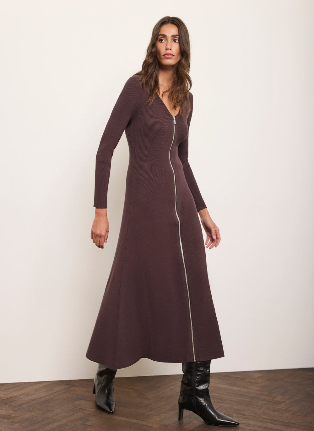 Brown Ribbed Knit Zip Front Midi Dress