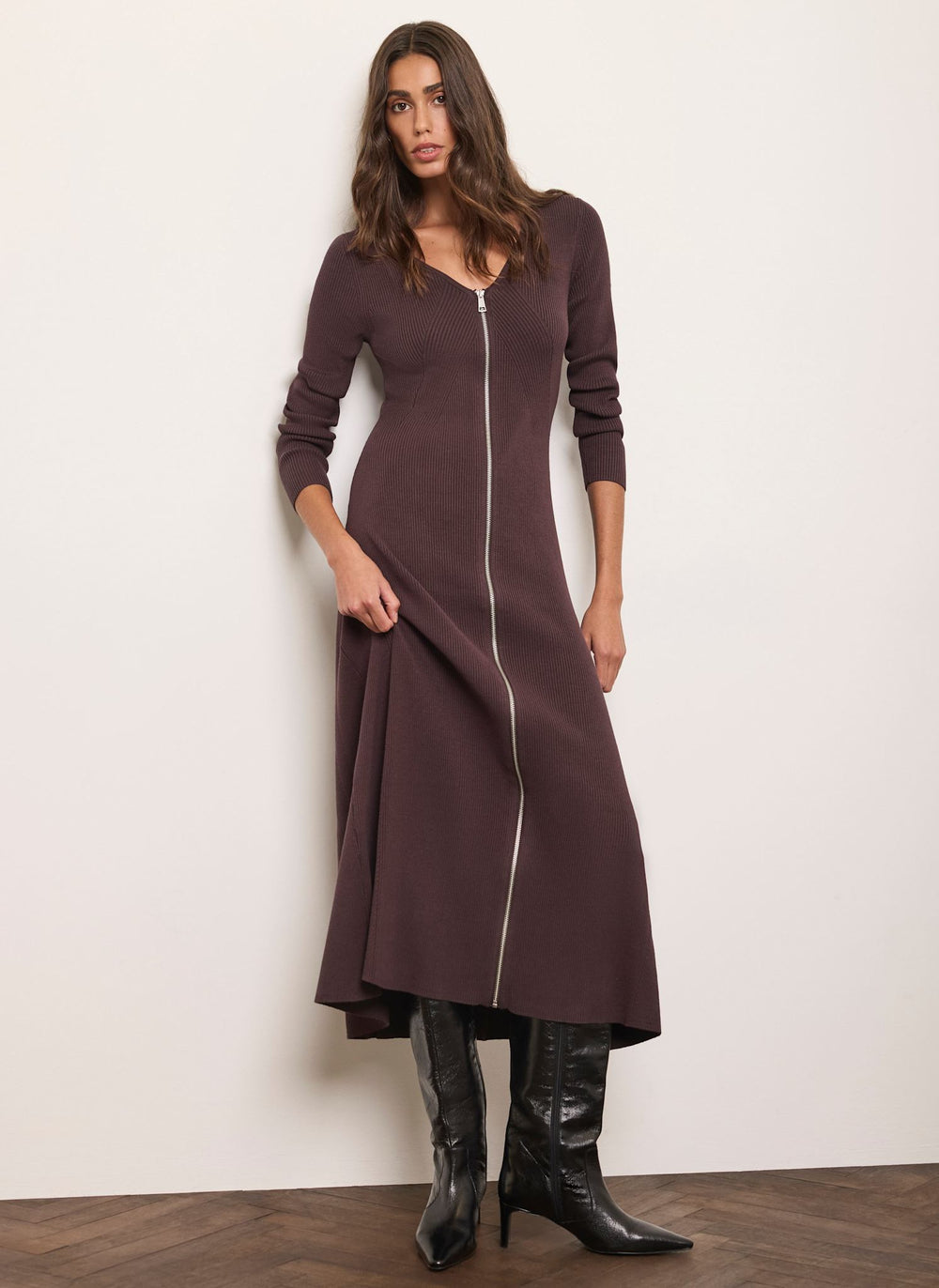 Brown Ribbed Knit Zip Front Midi Dress