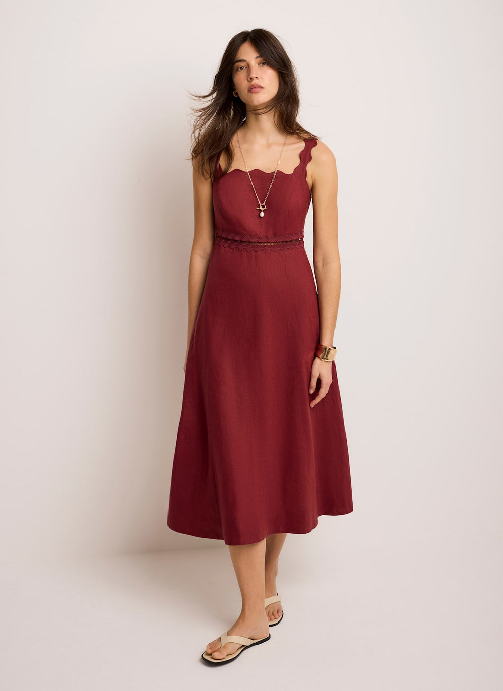 Burgundy Linen Scallop Trim Midi Dress Mint Velvet Burgundy Linen Scallop Trim Midi Dress Mint Velvet