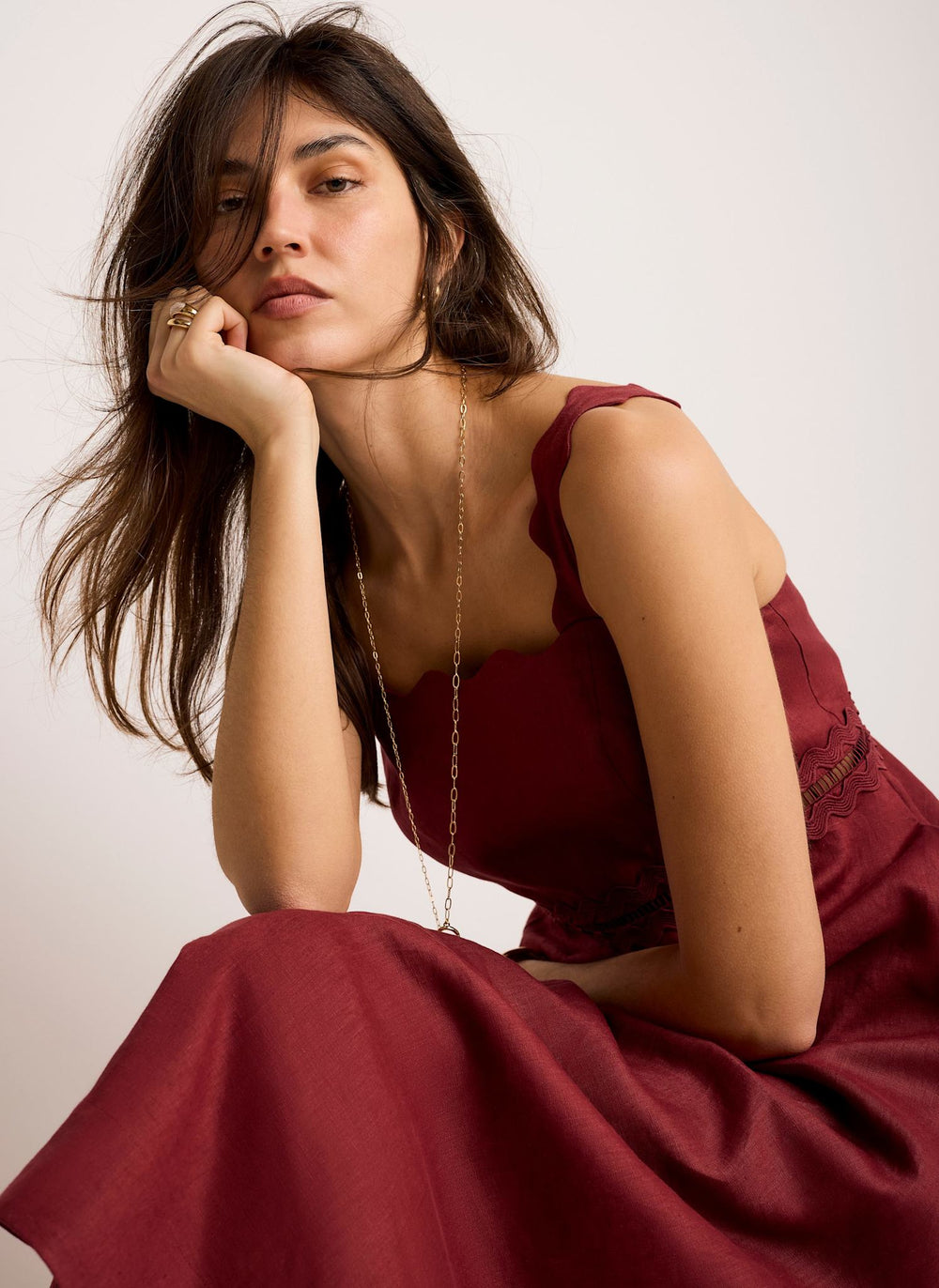 Burgundy Linen Scallop Trim Midi Dress – Mint Velvet