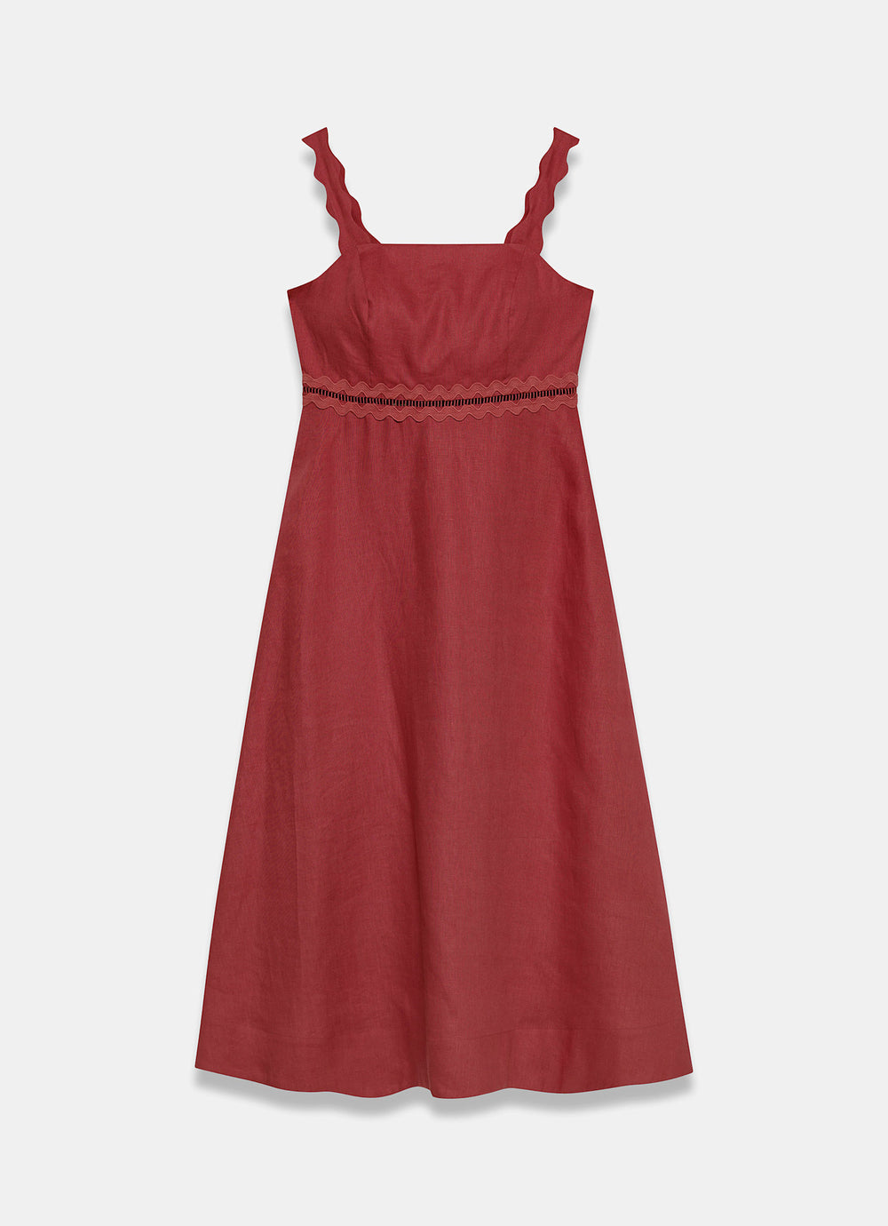 Burgundy Linen Scallop Trim Midi Dress  Mint Velvet