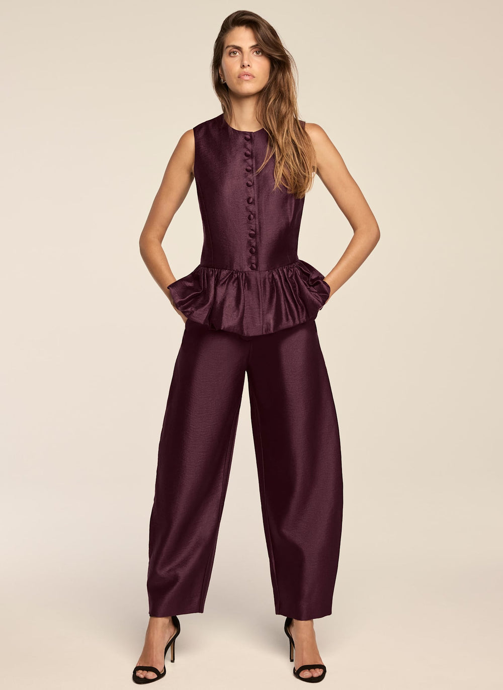 Burgundy Satin Barrel Leg Trousers