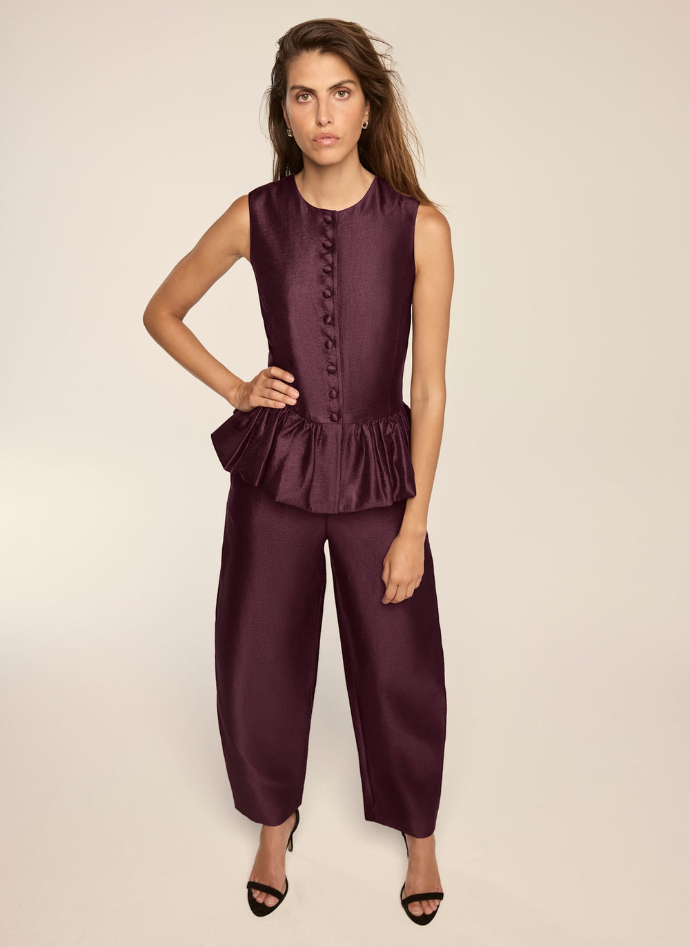Burgundy Satin Barrel Leg Trousers