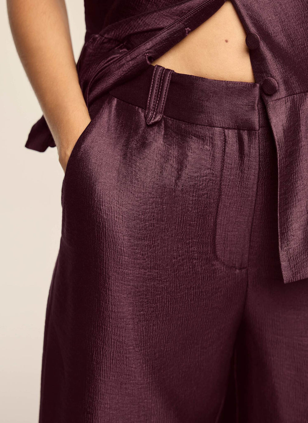 Burgundy Satin Barrel Leg Trousers
