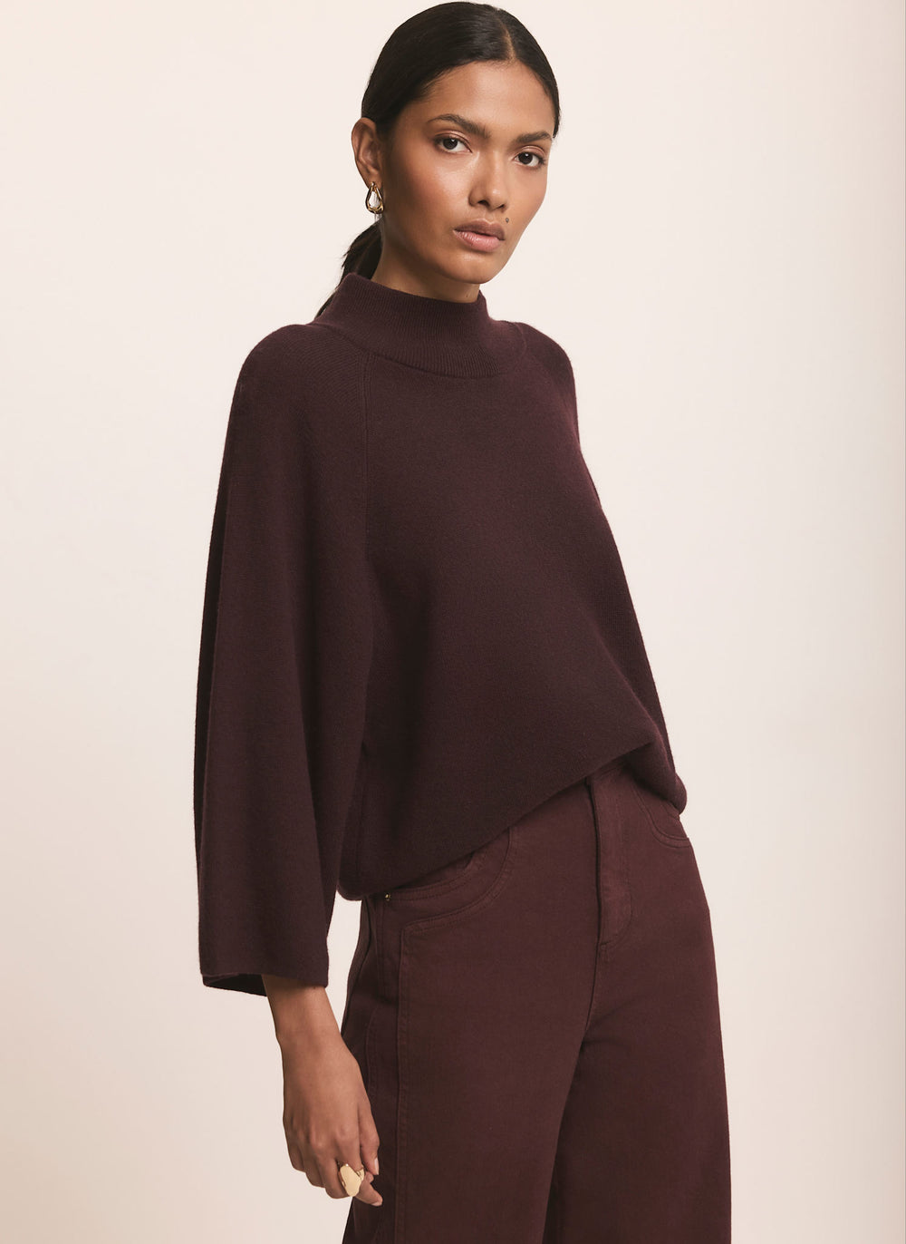 Burgundy Cotton Blend Wide Sleeve Knit Top