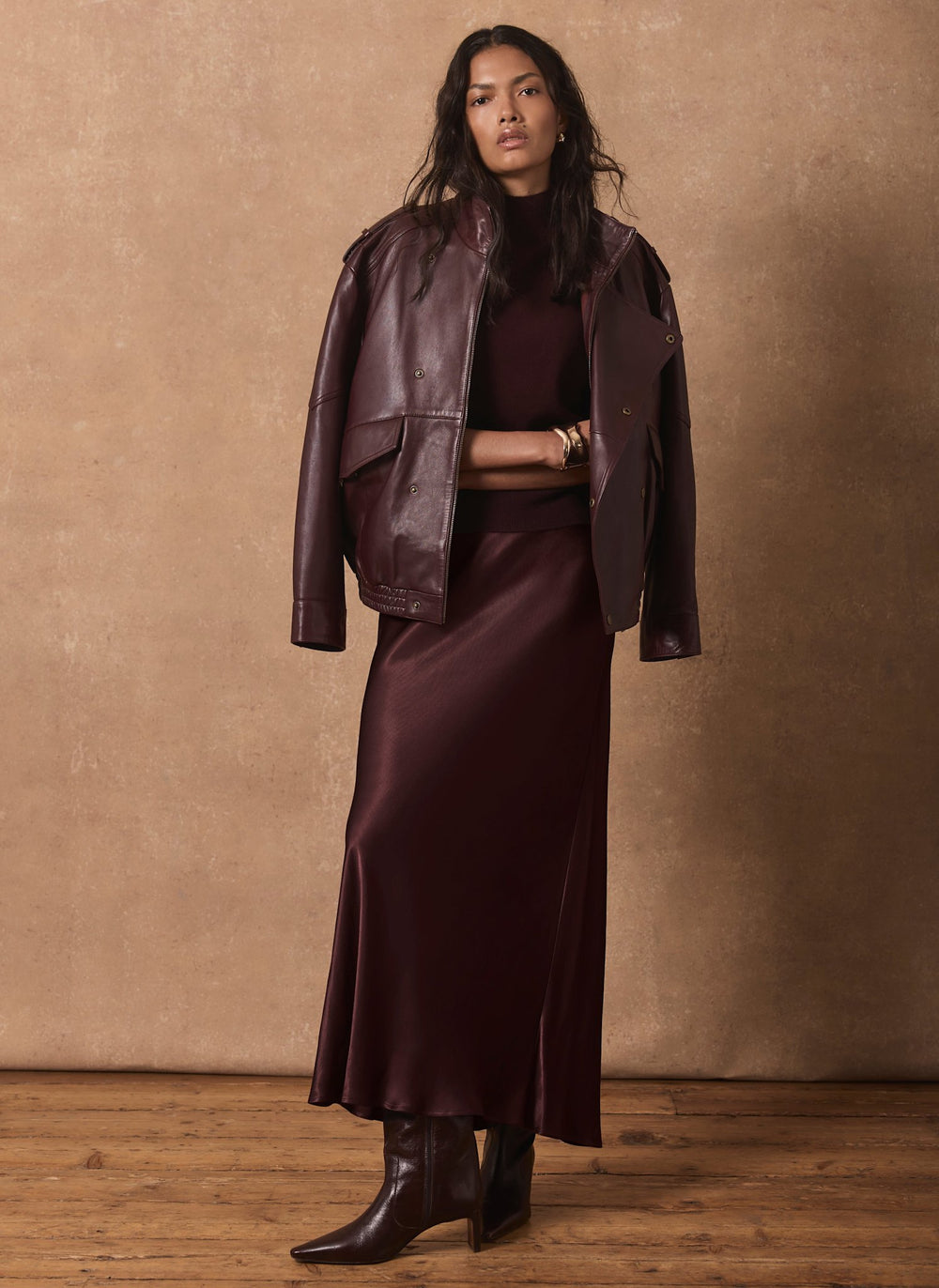 Burgundy Bias Satin Slip Maxi Skirt