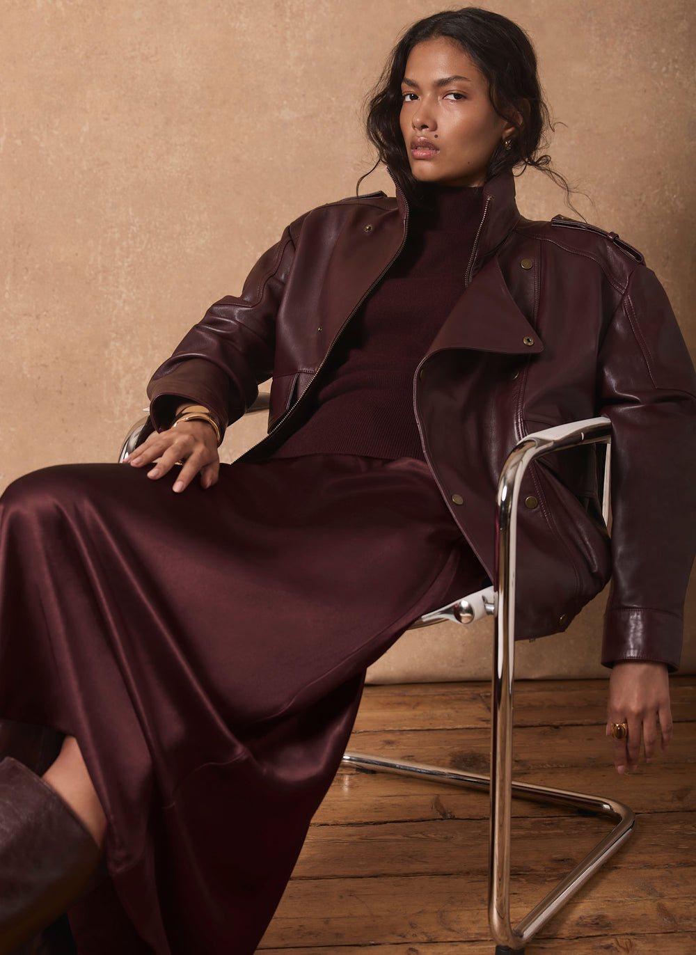 Burgundy Bias Satin Slip Maxi Skirt