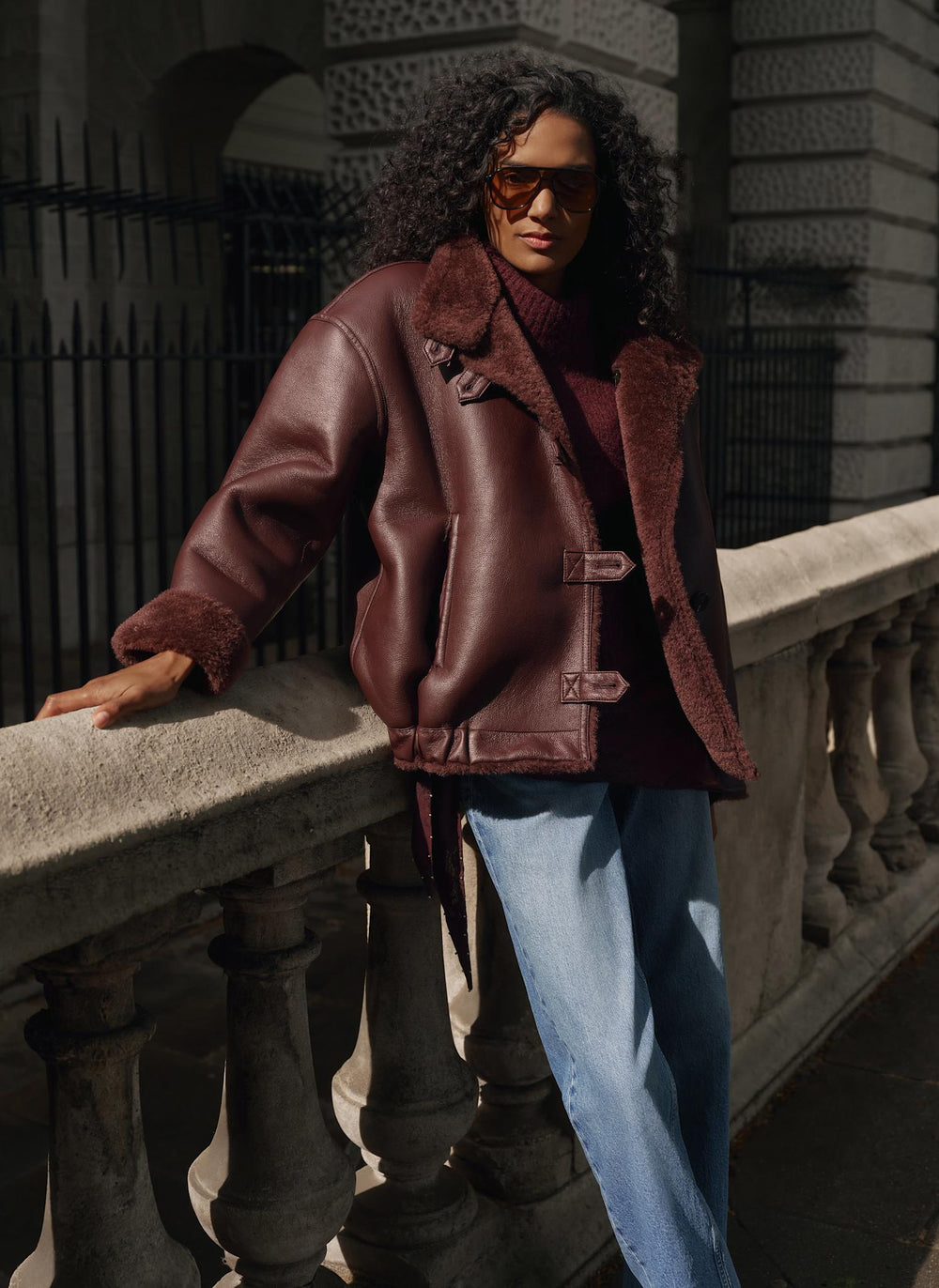 Burgundy Reversible Faux Fur Aviator Jacket