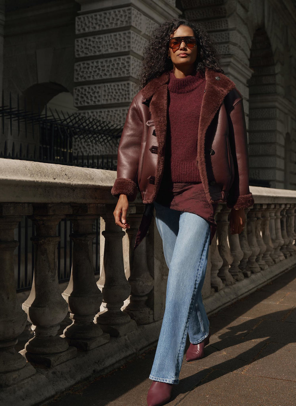Burgundy Reversible Faux Fur Aviator Jacket