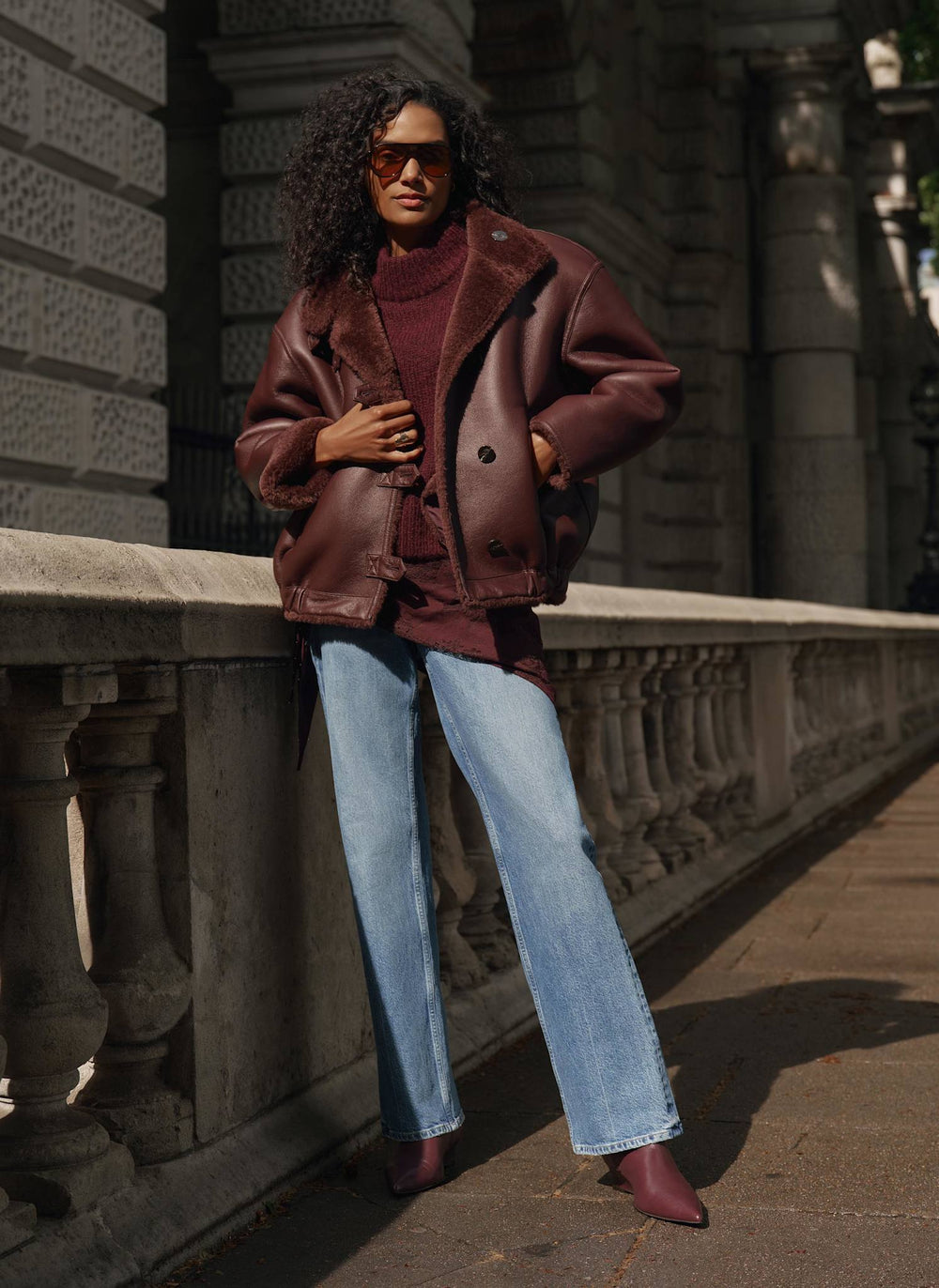 Burgundy Reversible Faux Fur Aviator Jacket