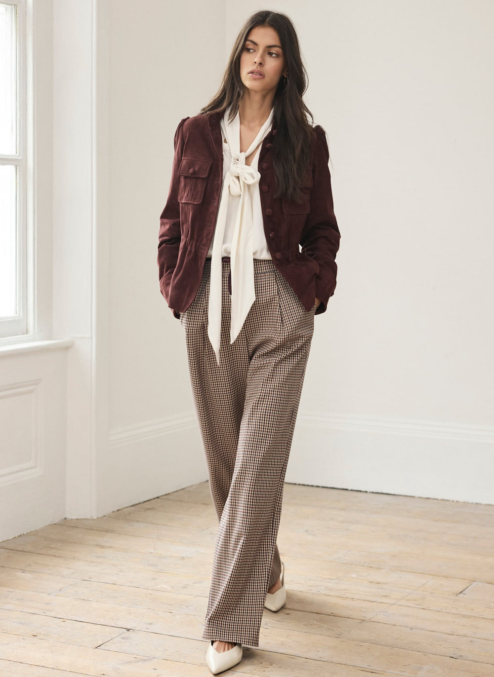 Burgundy Checked Contrast Waist Wide Leg Trousers