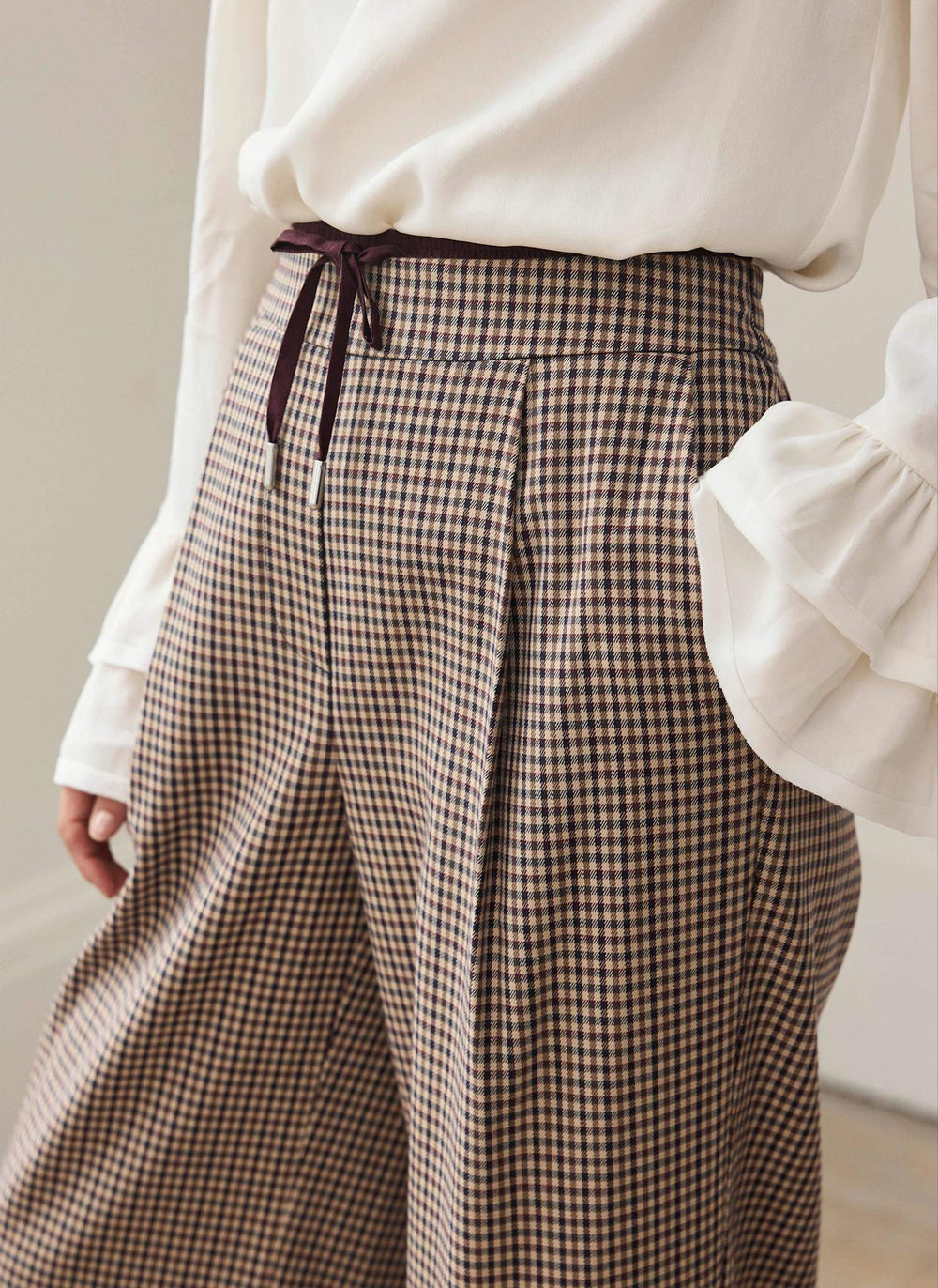Burgundy Checked Contrast Waist Wide Leg Trousers