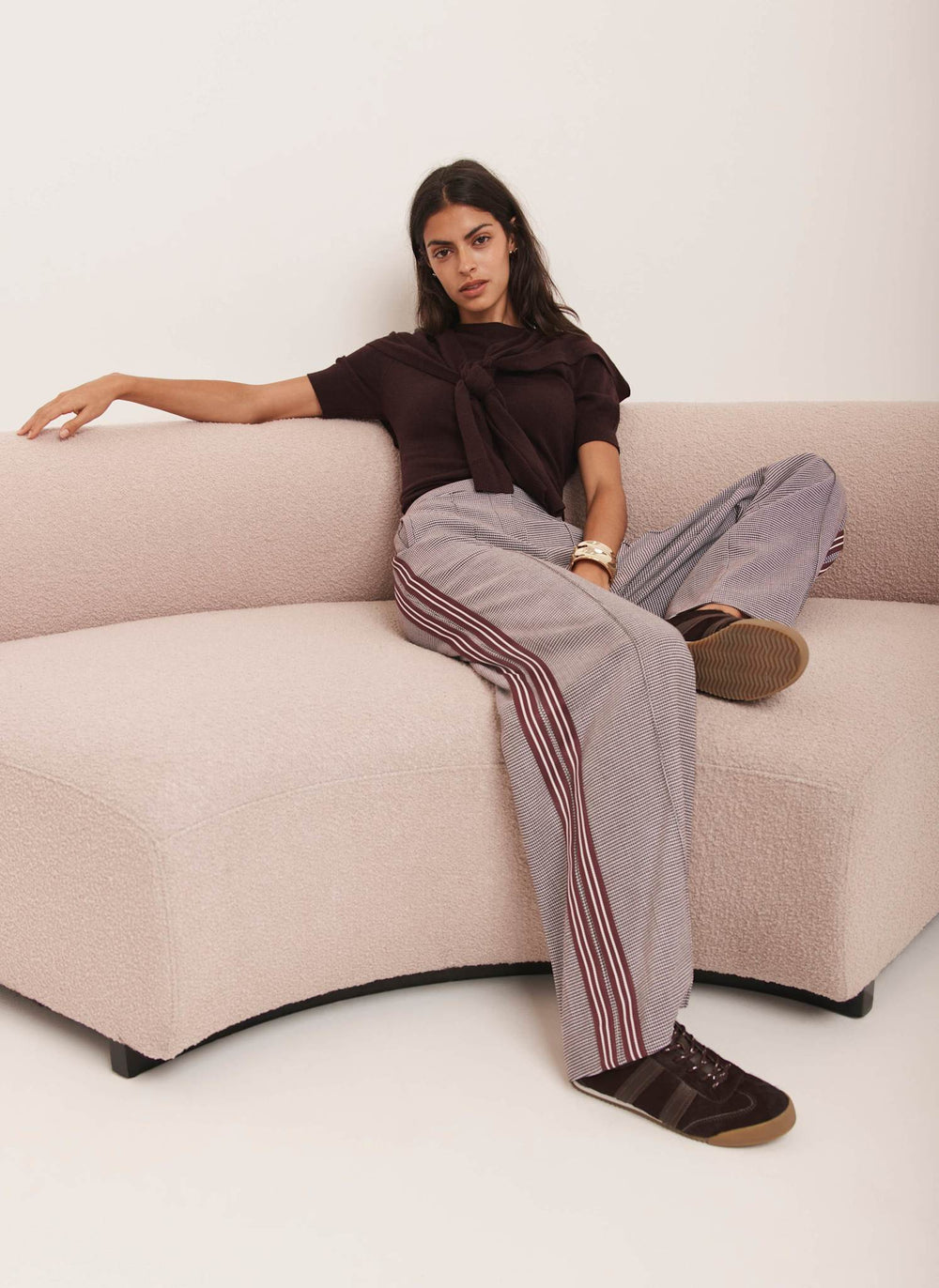 Burgundy Checked Side Stripe Wide Trousers
