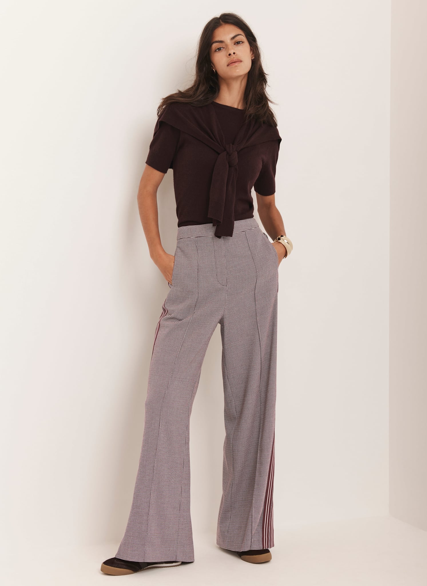 Burgundy Checked Side Stripe Wide Trousers – Mint Velvet