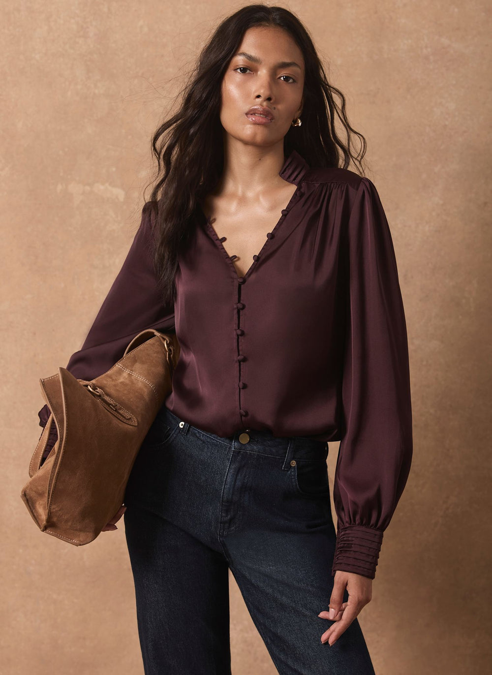 Burgundy Satin Long Sleeve Blouse