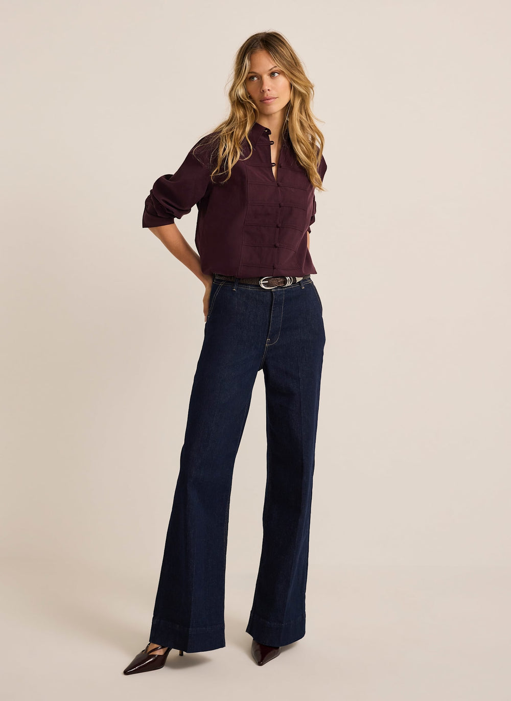 Burgundy Cotton Blend Knot Button Shirt