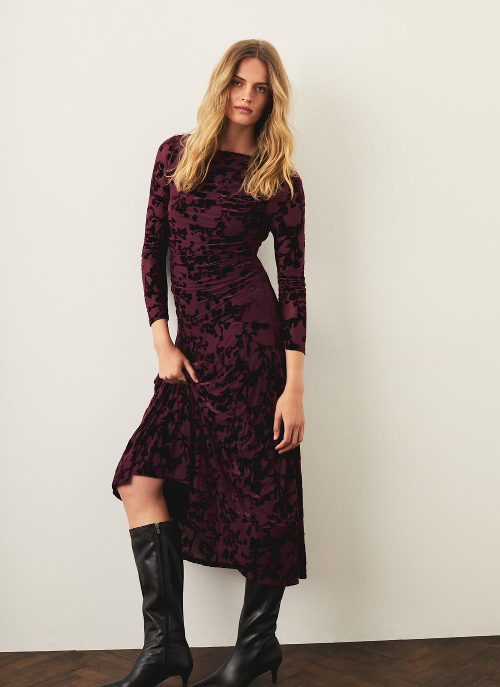 Burgundy Velvet Floral Midi Dress
