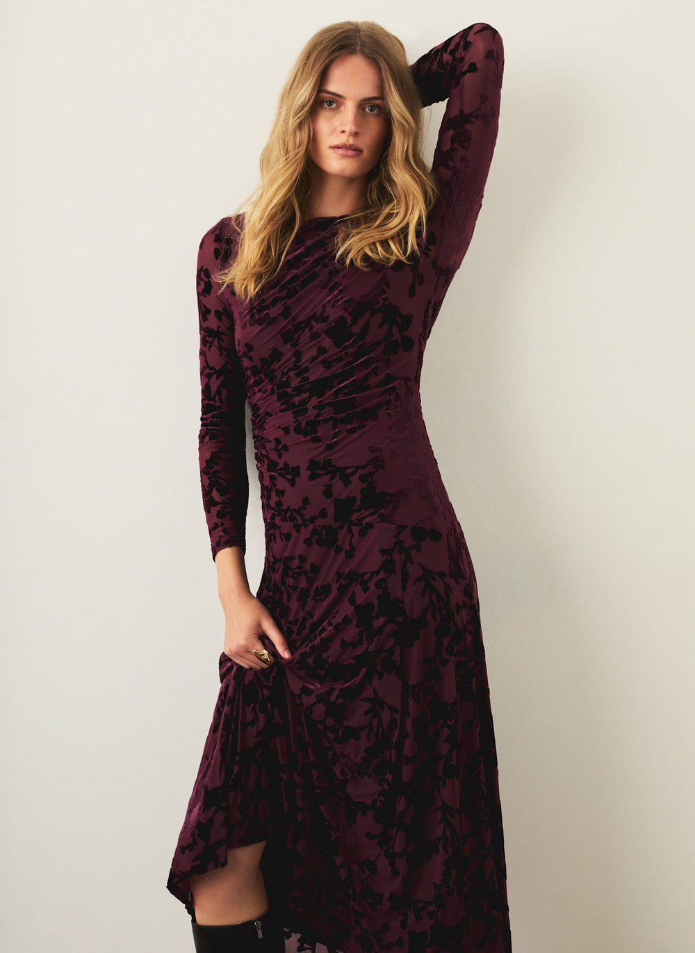 Burgundy Velvet Floral Midi Dress
