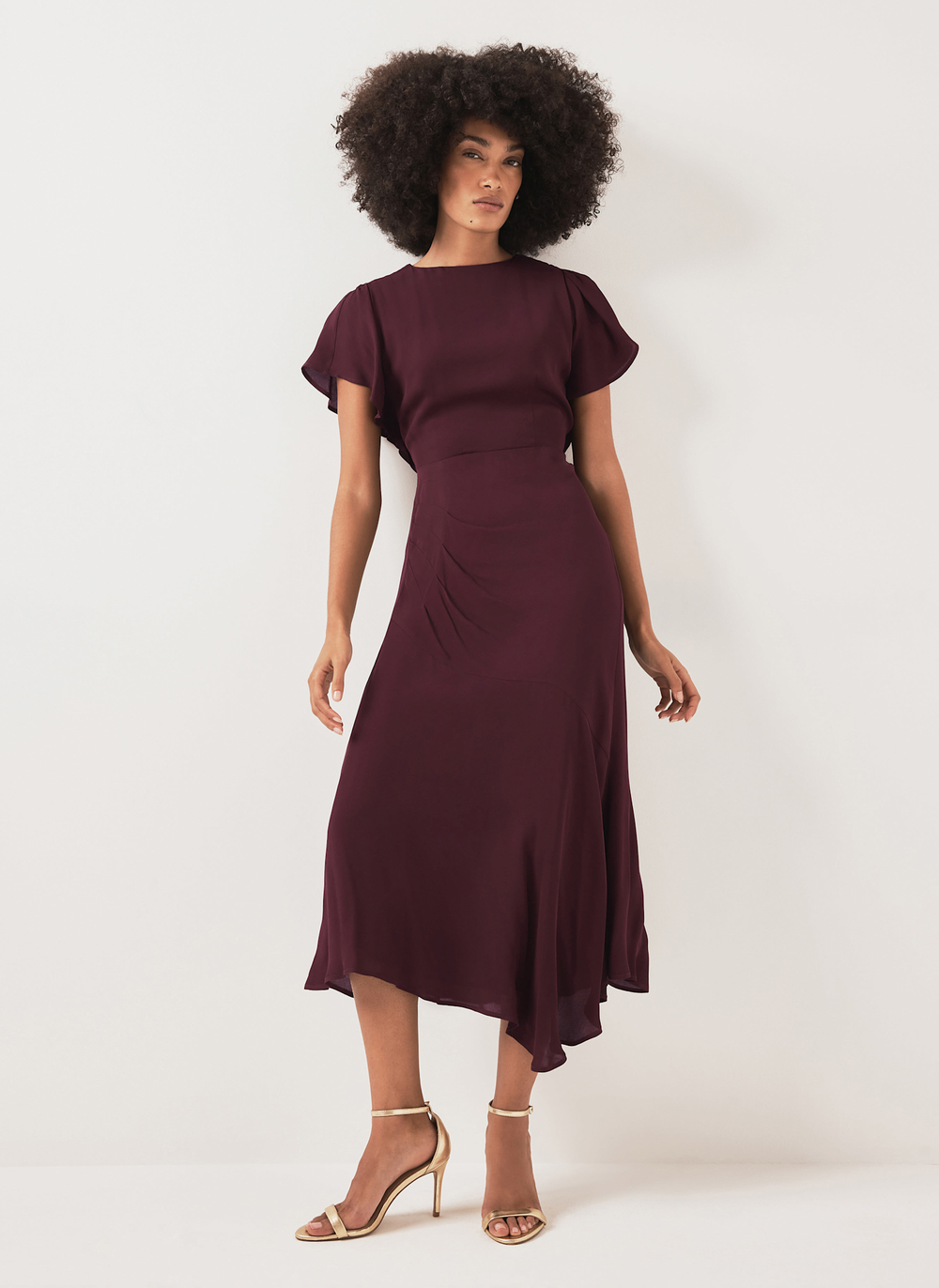 Burgundy Draped Asymmetric Midi Dress