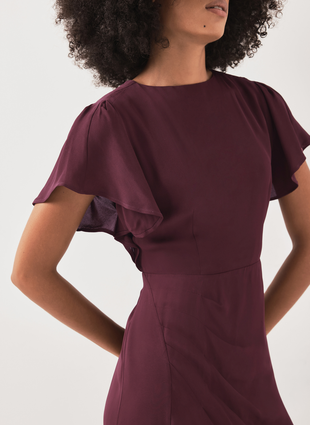 Burgundy Draped Asymmetric Midi Dress