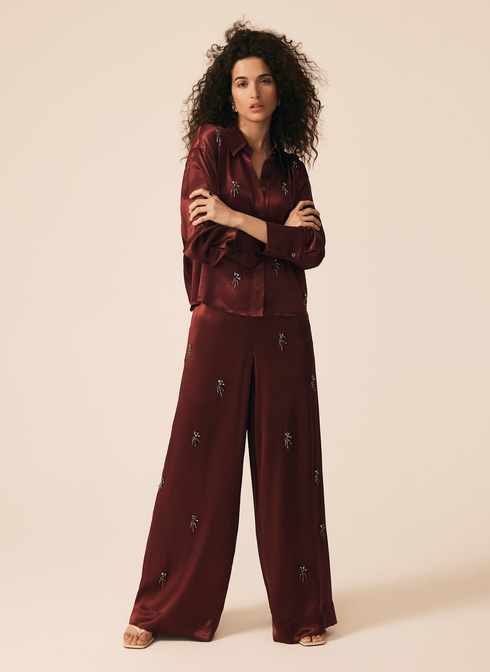 Burgundy Satin Embellished Wide Trousers