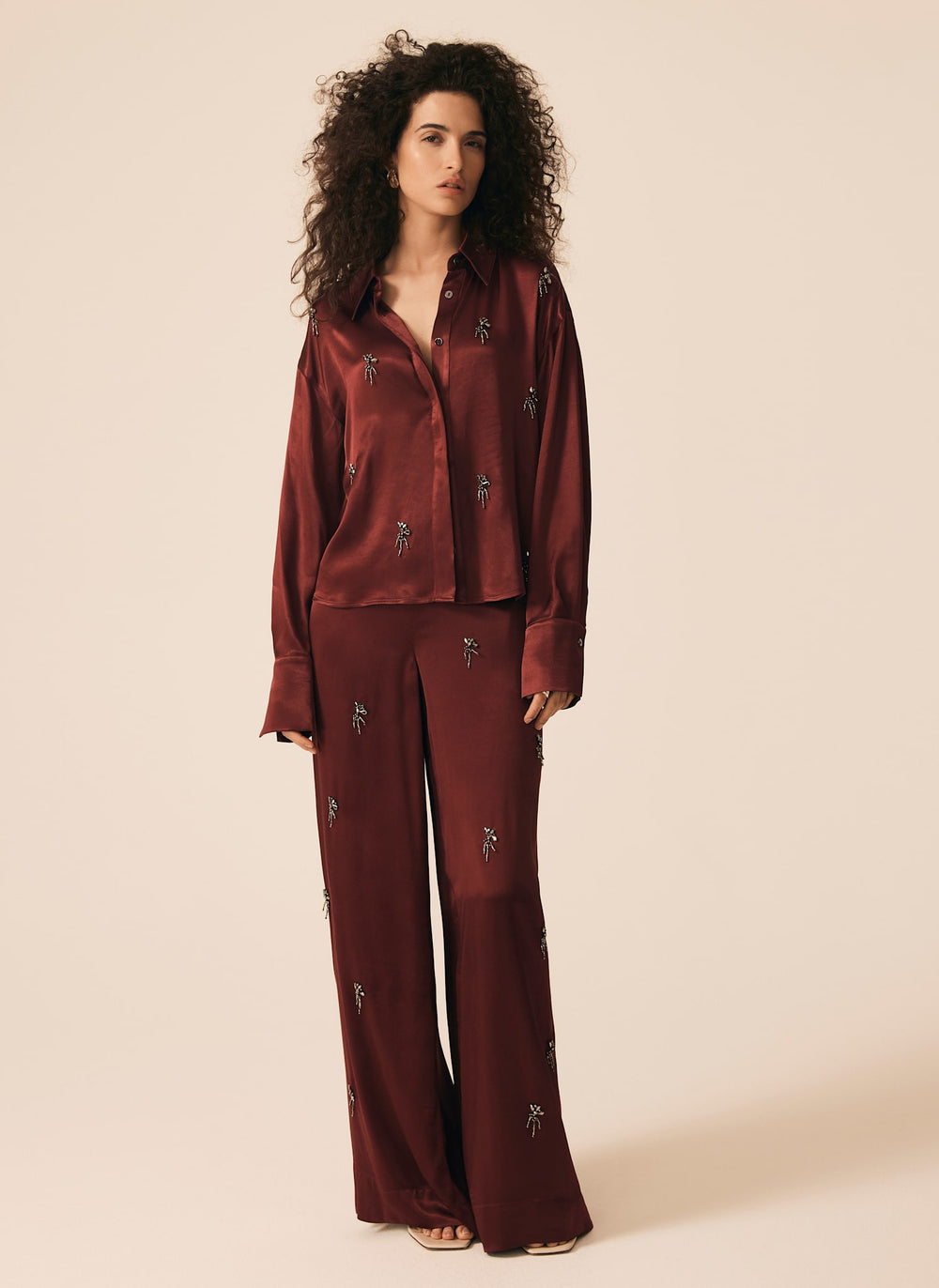 Burgundy Satin Embellished Wide Trousers