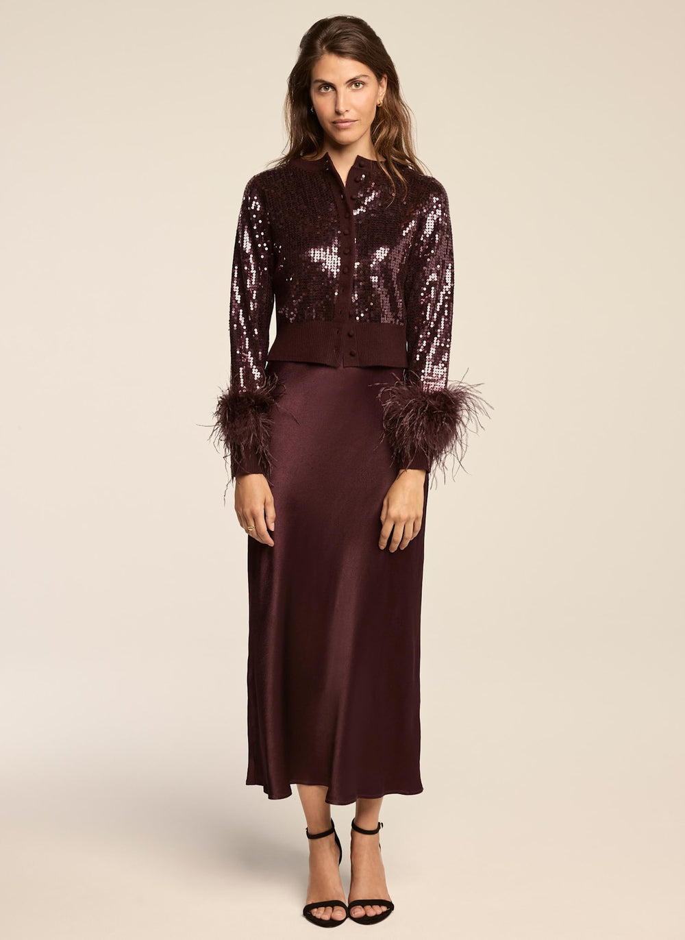 Burgundy 2-in-1 Sequin Satin Feather Trim Midi Dress