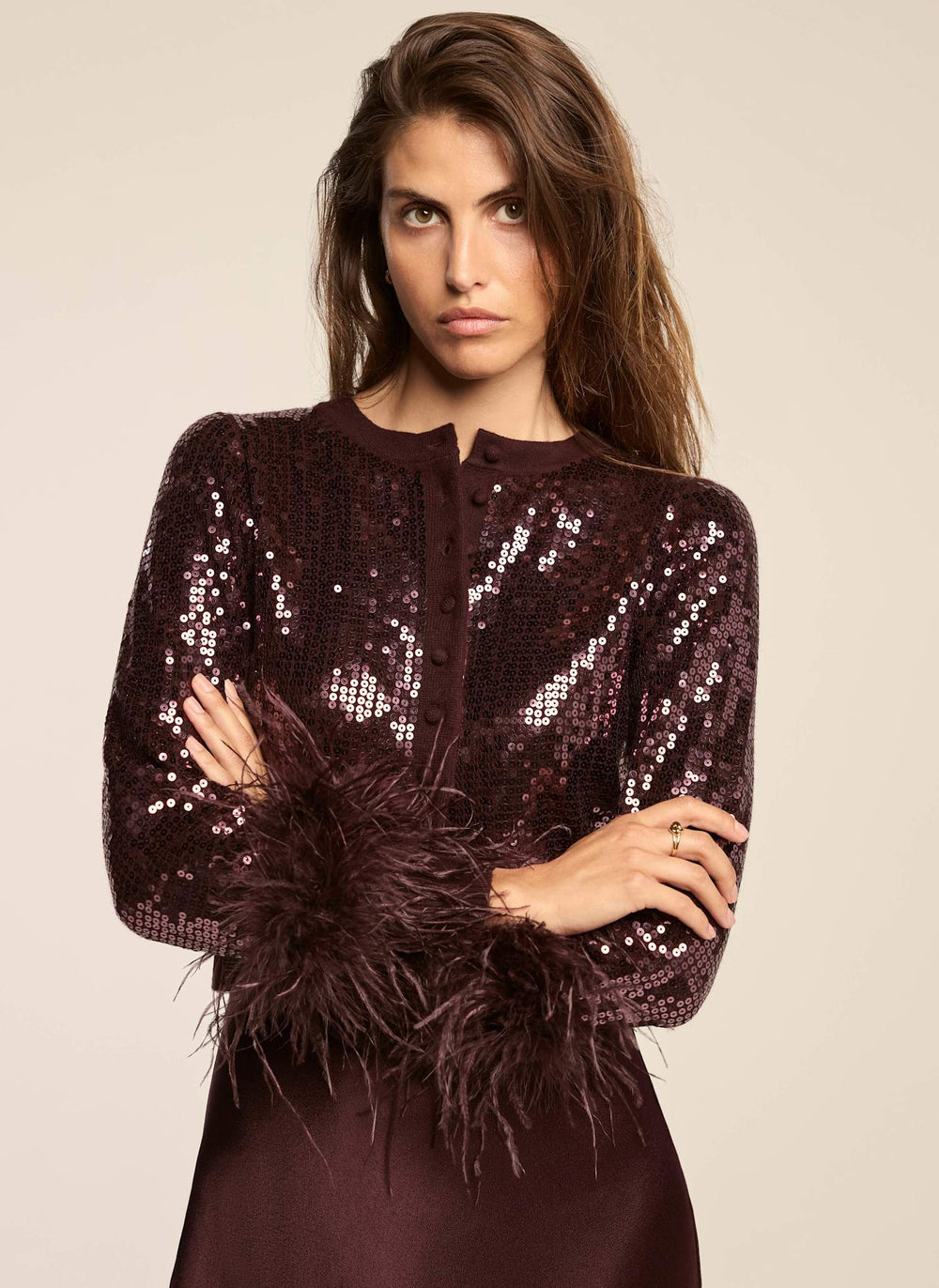 Burgundy 2-in-1 Sequin Satin Feather Trim Midi Dress