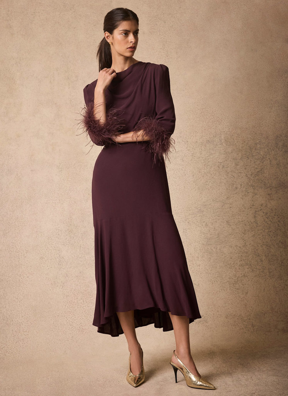 Burgundy Feather Trim Midi Dress